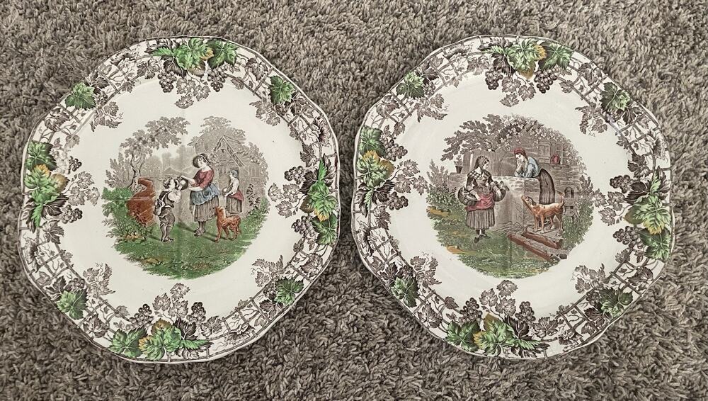 2 Copeland Spode Byron's Series #1 England Divided Sandwich Plates 9.5 Diameter